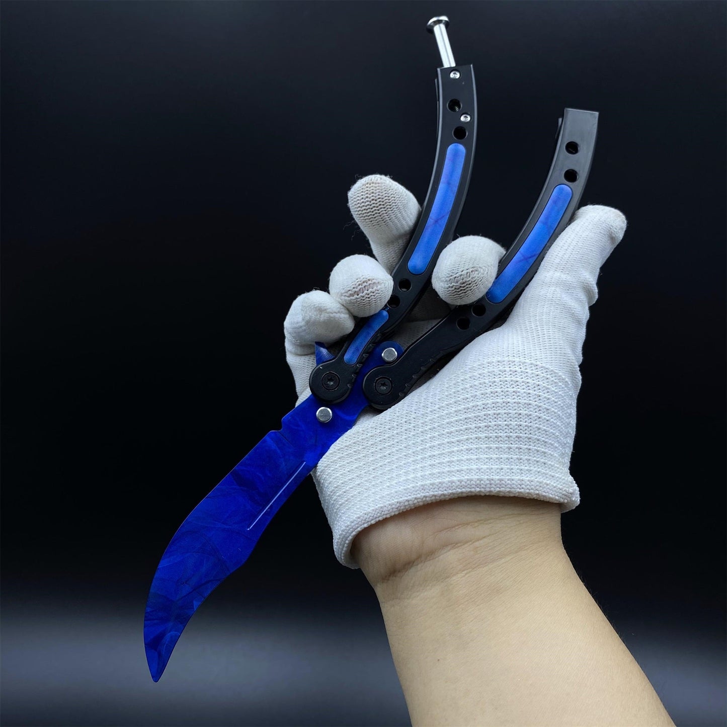 CS2 Butterfly Knife Blue Doppler Balisong Replica - Game Prop Collectible with Display Stand