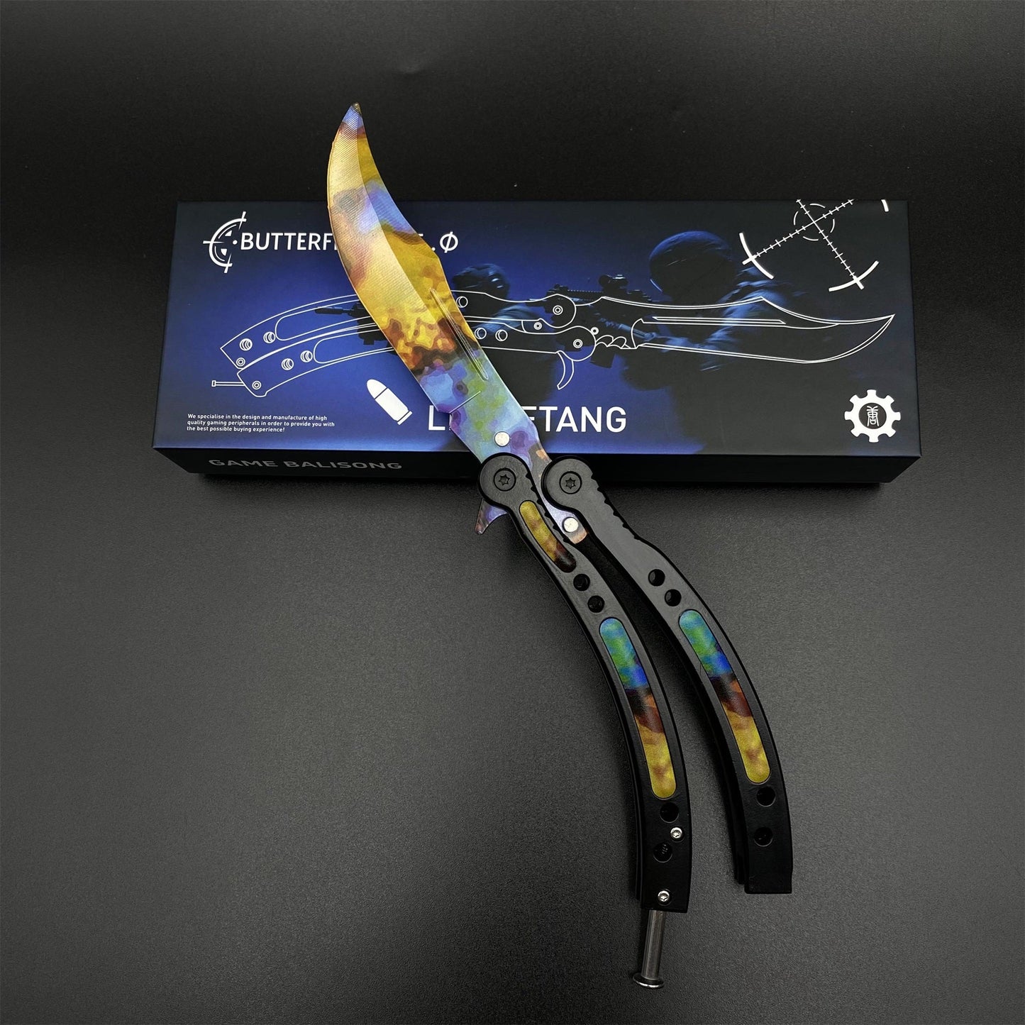 CS2 Butterfly Knife Case Hardened Balisong Replica - Unsharpened Game Prop Collectible with Display Stand