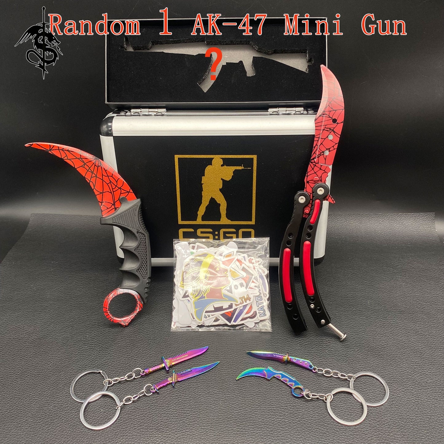 Crimson Web Skin Balisong & Stickers & 4 Keychains &Random 1 AK With Gift Case