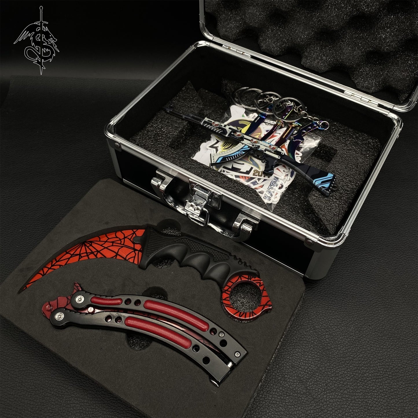 Crimson Web Skin Balisong & Stickers & 4 Keychains &Random 1 AK With Gift Case