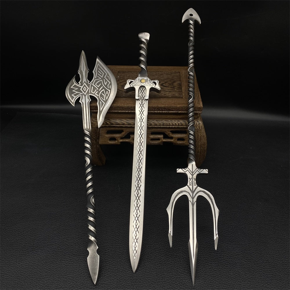 Hand-Forged Steel Weapon Axe Sword Trident Miniature Set
