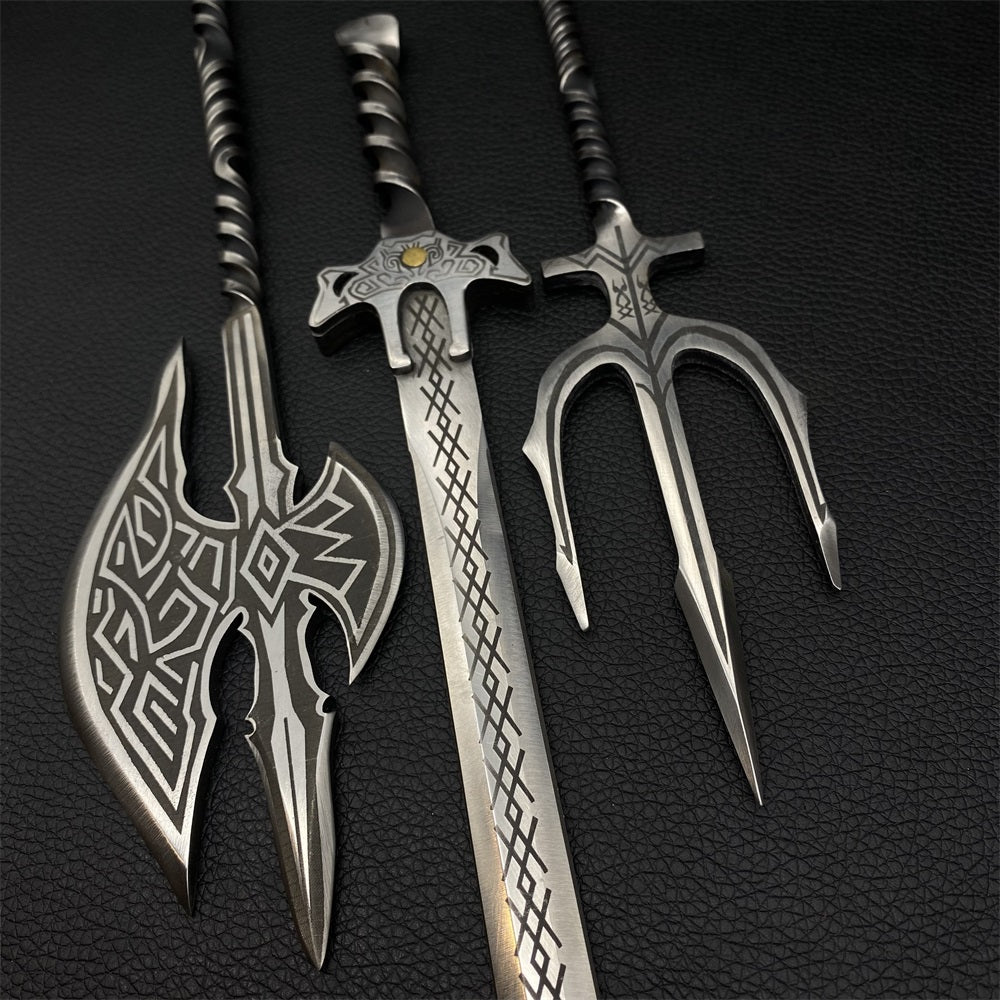 Hand-Forged Steel Weapon Axe Sword Trident Miniature Set