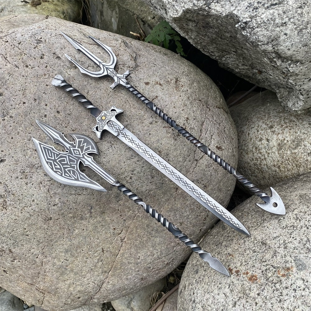 Hand-Forged Steel Weapon Axe Sword Trident Miniature Set