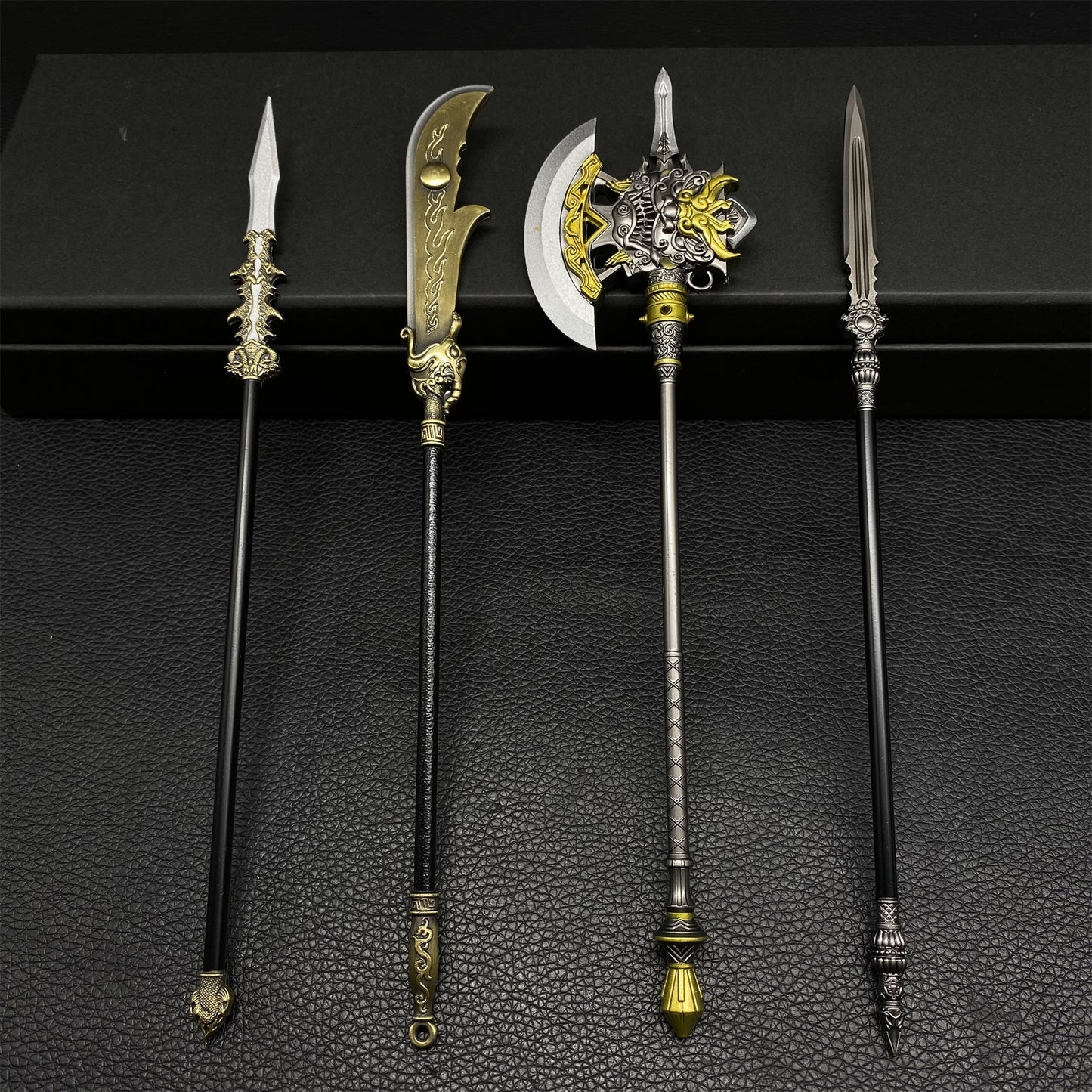 Chinese Ancient Long Handle Axe Spear Metal Miniature 4 in 1 Pack