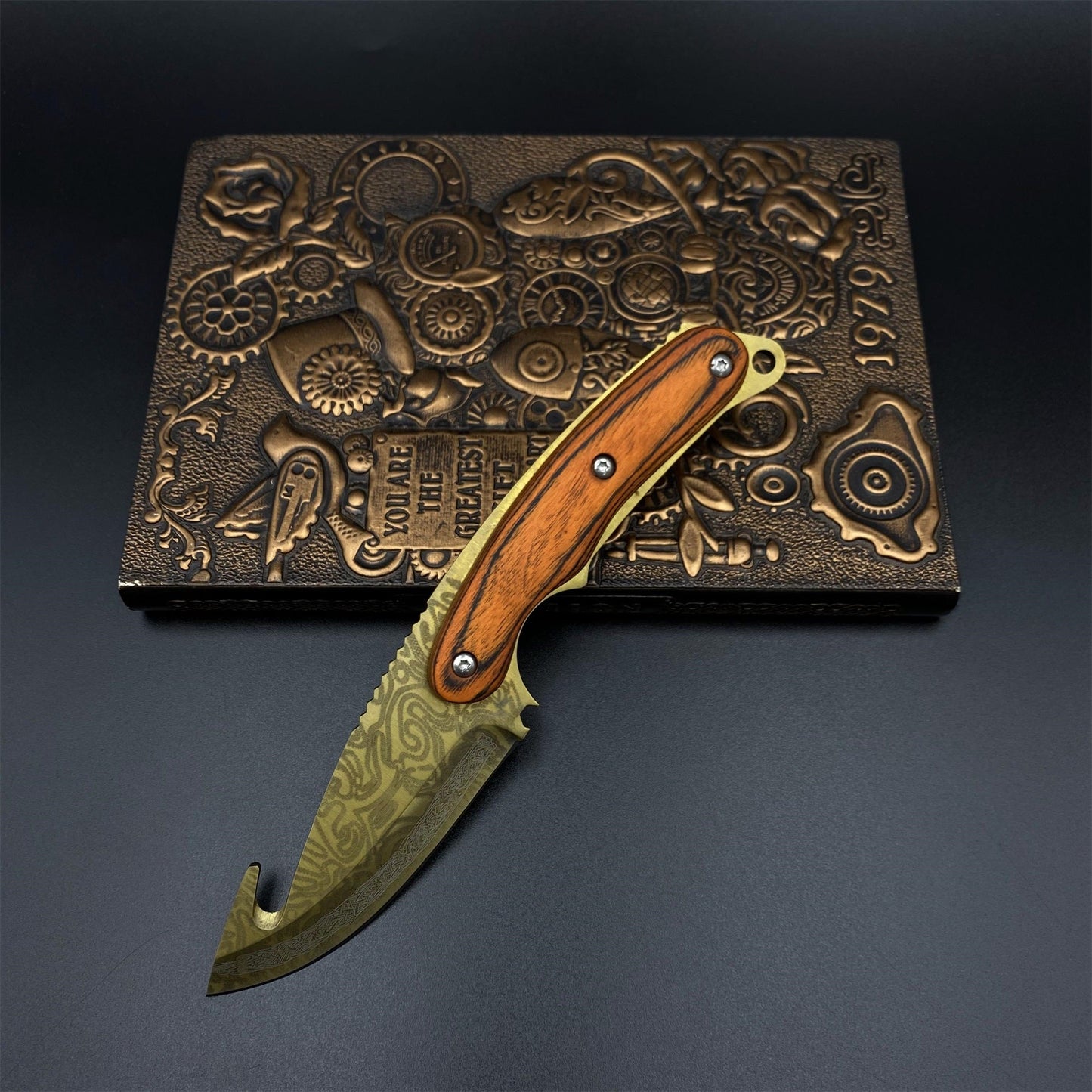 Gold Damascus 420 Steel Karambit Knife CS Lore Skin Gut Knife For Collection