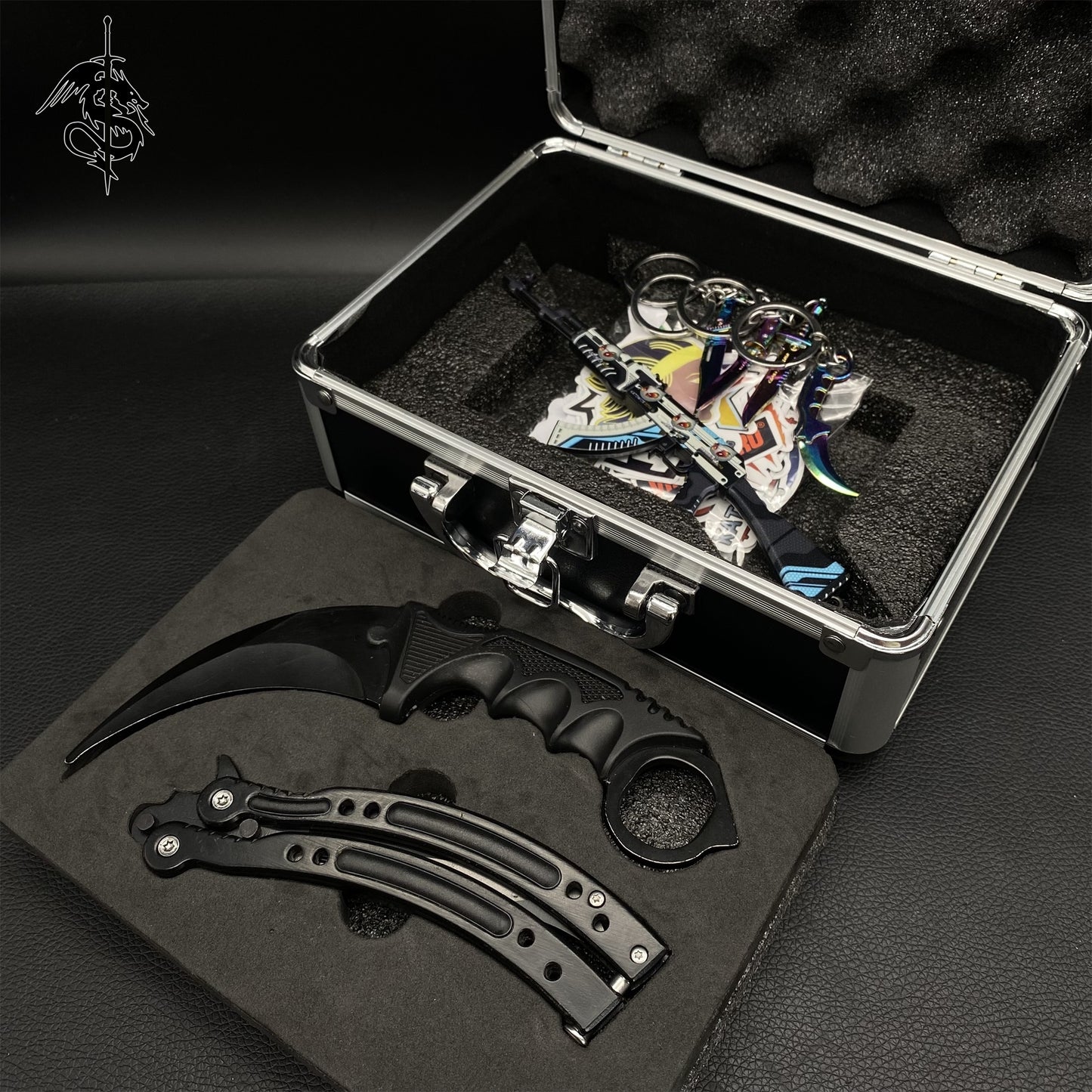 Night Skin Balisong & Stickers & 4 Keychains &Random 1 AK With Gift Case