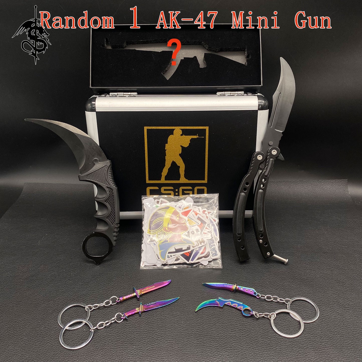 Night Skin Balisong & Stickers & 4 Keychains &Random 1 AK With Gift Case
