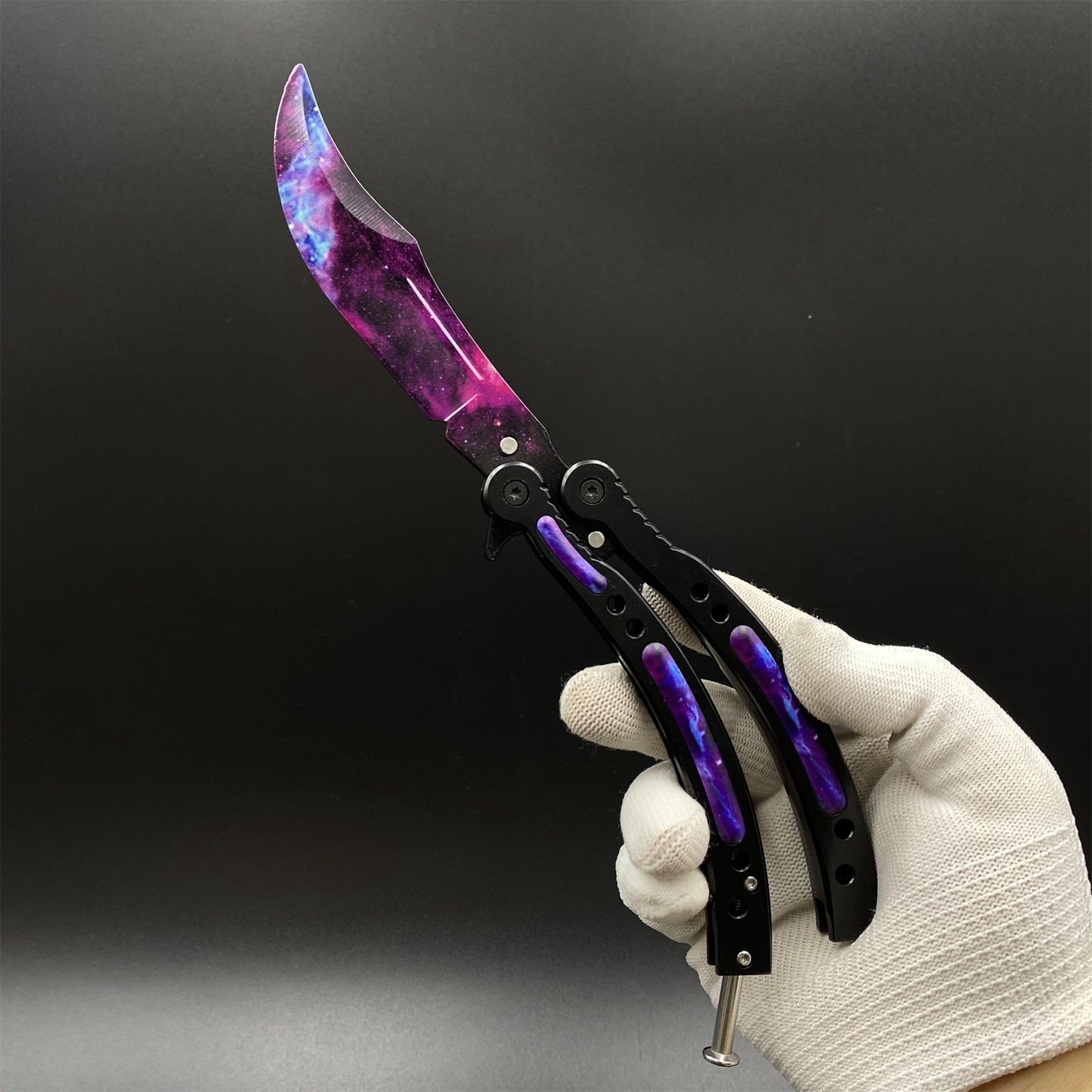 CS2 Butterfly Knife Galaxy Balisong Replica - Unsharpened Game Prop Collectible with Display Stand