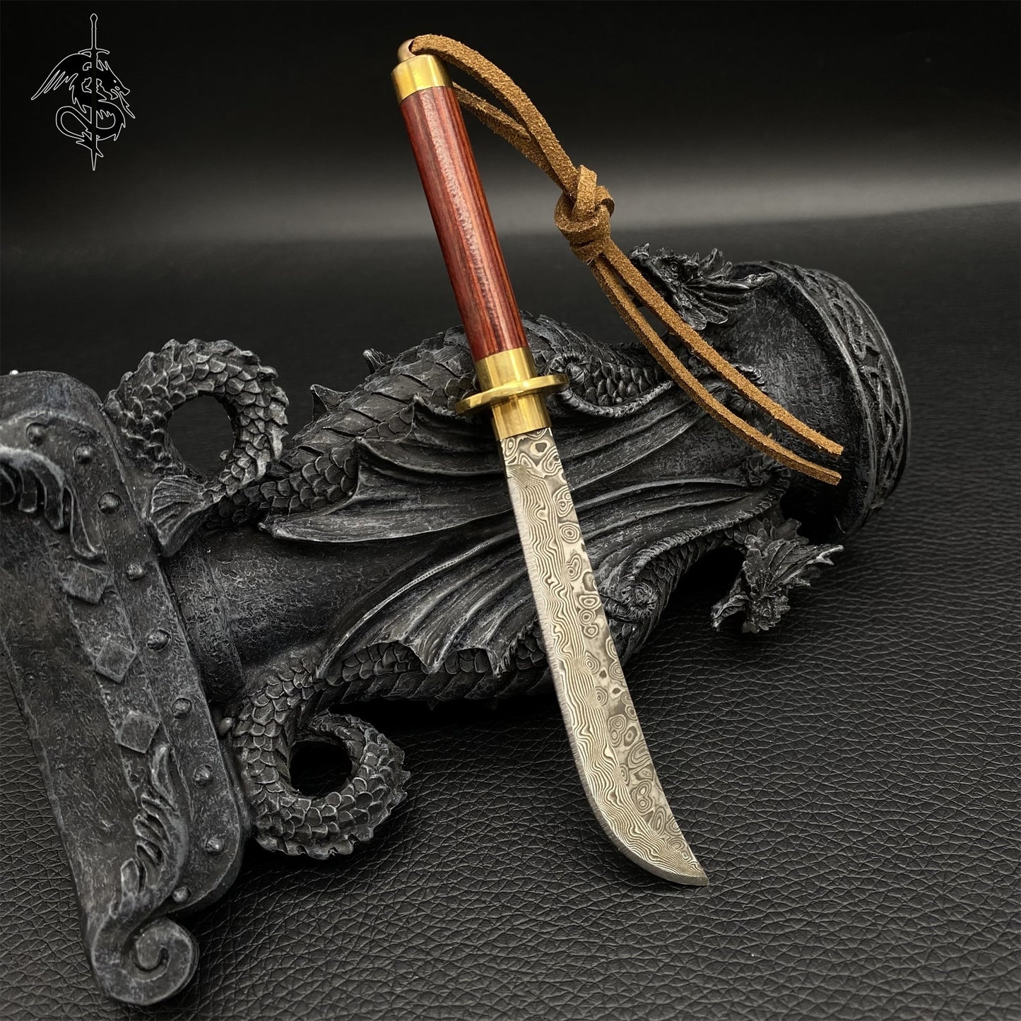 Damascus Steel Long Knife Wood Handle Portable Pocket Knife