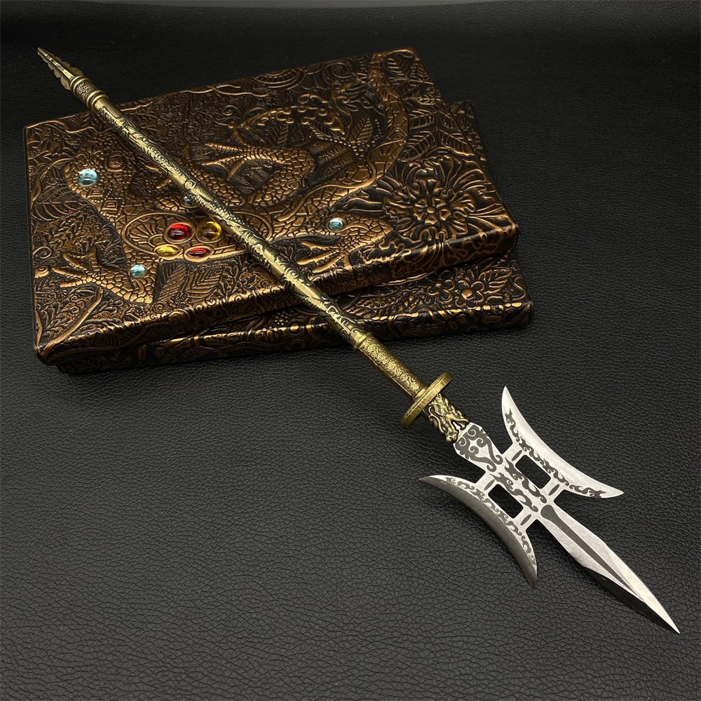 Hand-Forged Steel Three Kingdom LvBu Great Halberd Brass Handle Miniature 37.4CM/14.7"
