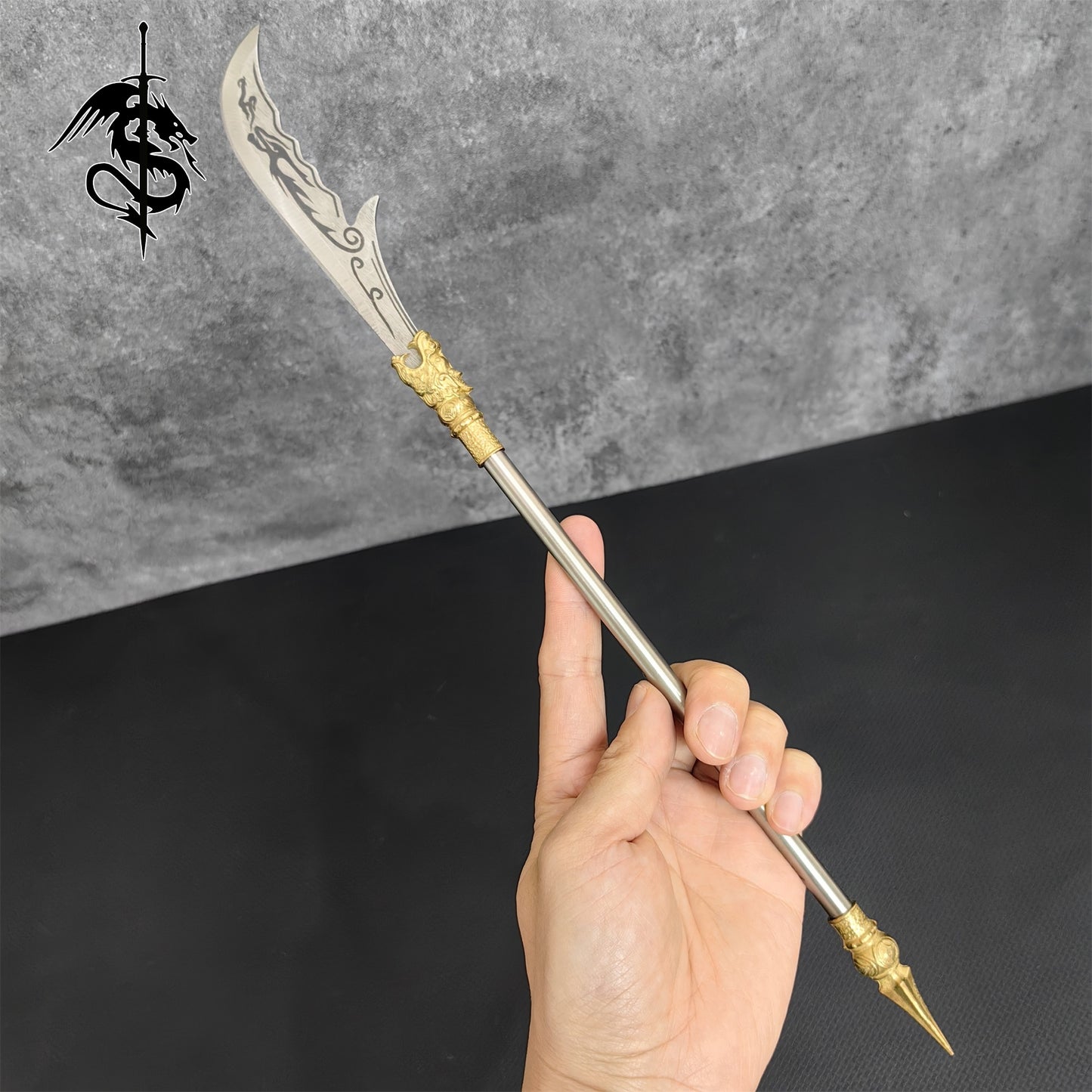 Hand-Forged Miniature Ancient Brass Long Handle Weapons Gift Wooden Case