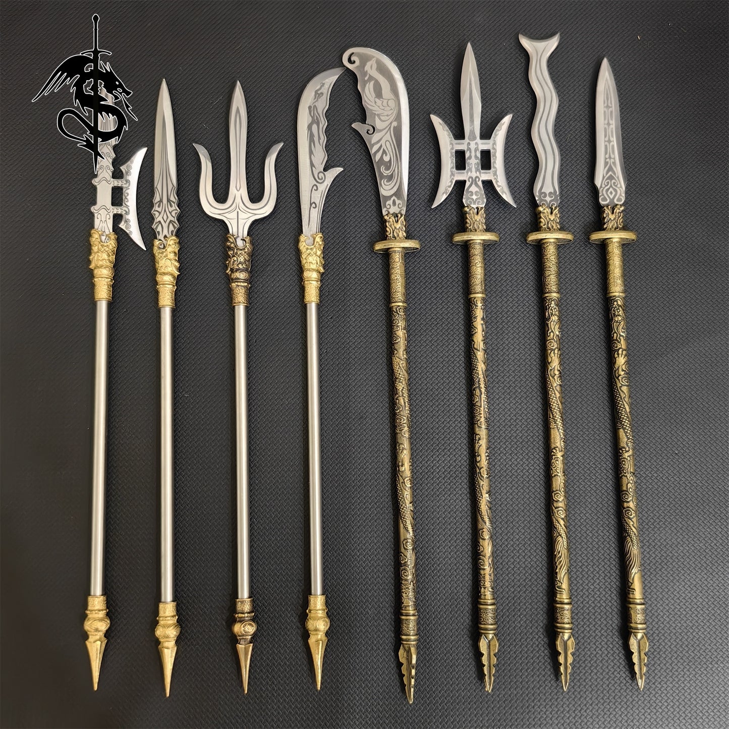 Hand-Forged Miniature Ancient Brass Long Handle Weapons Gift Wooden Case