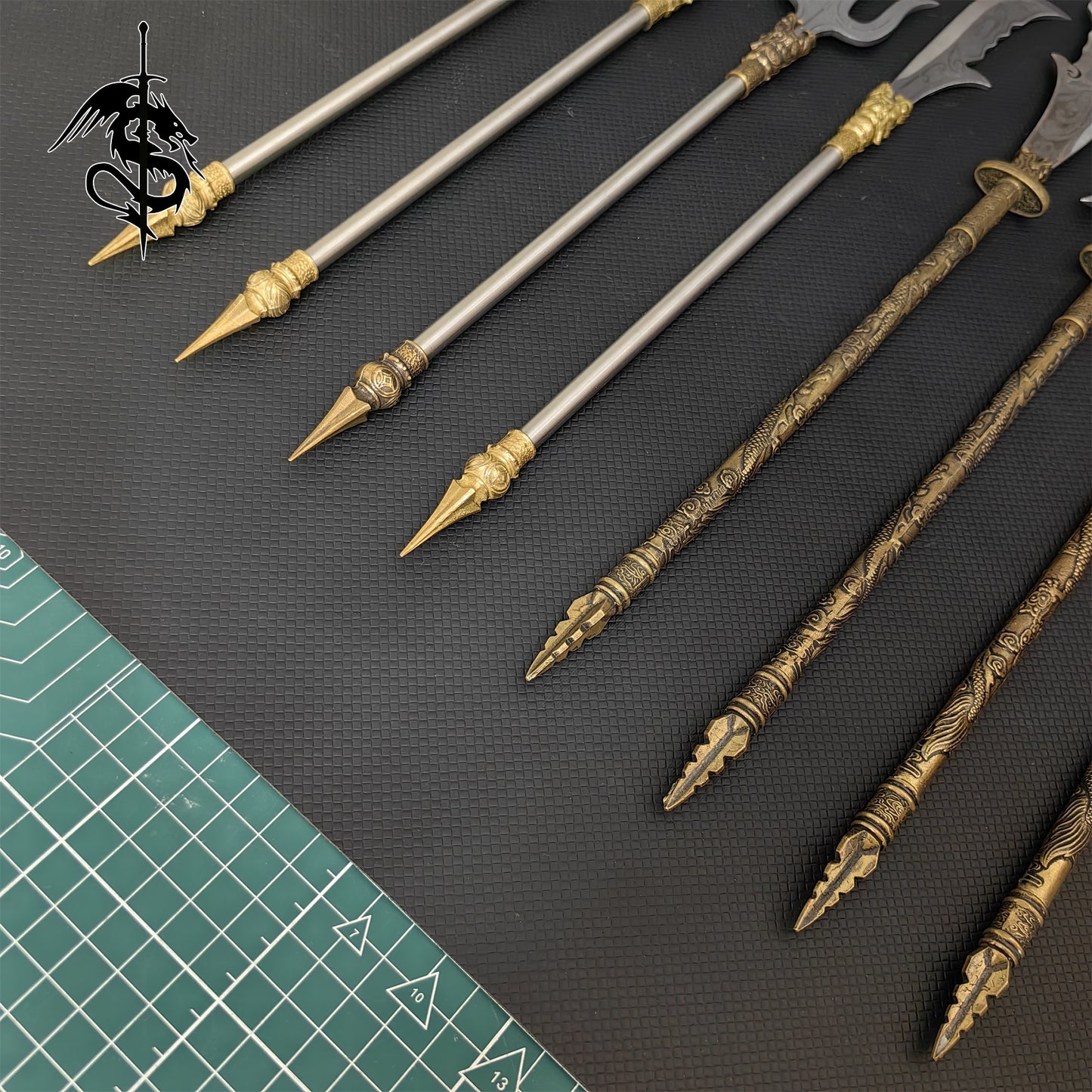 Hand-Forged Miniature Ancient Brass Long Handle Weapons Gift Wooden Case