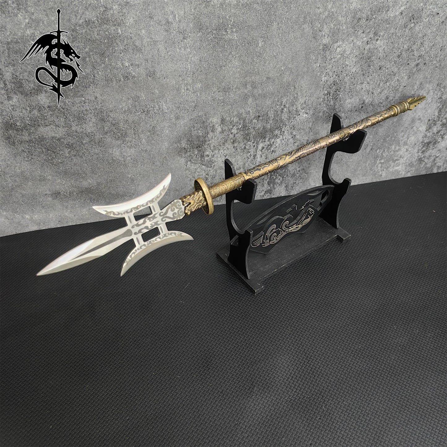 Hand-Forged Miniature Ancient Brass Long Handle Weapons Gift Wooden Case