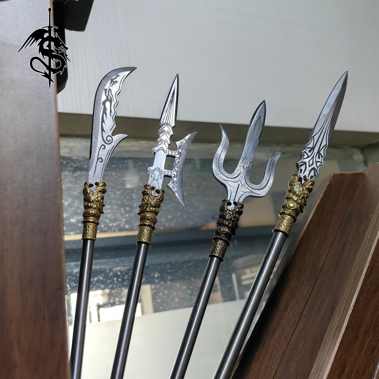 Hand-Forged Miniature Ancient Brass Long Handle Weapons Gift Wooden Case