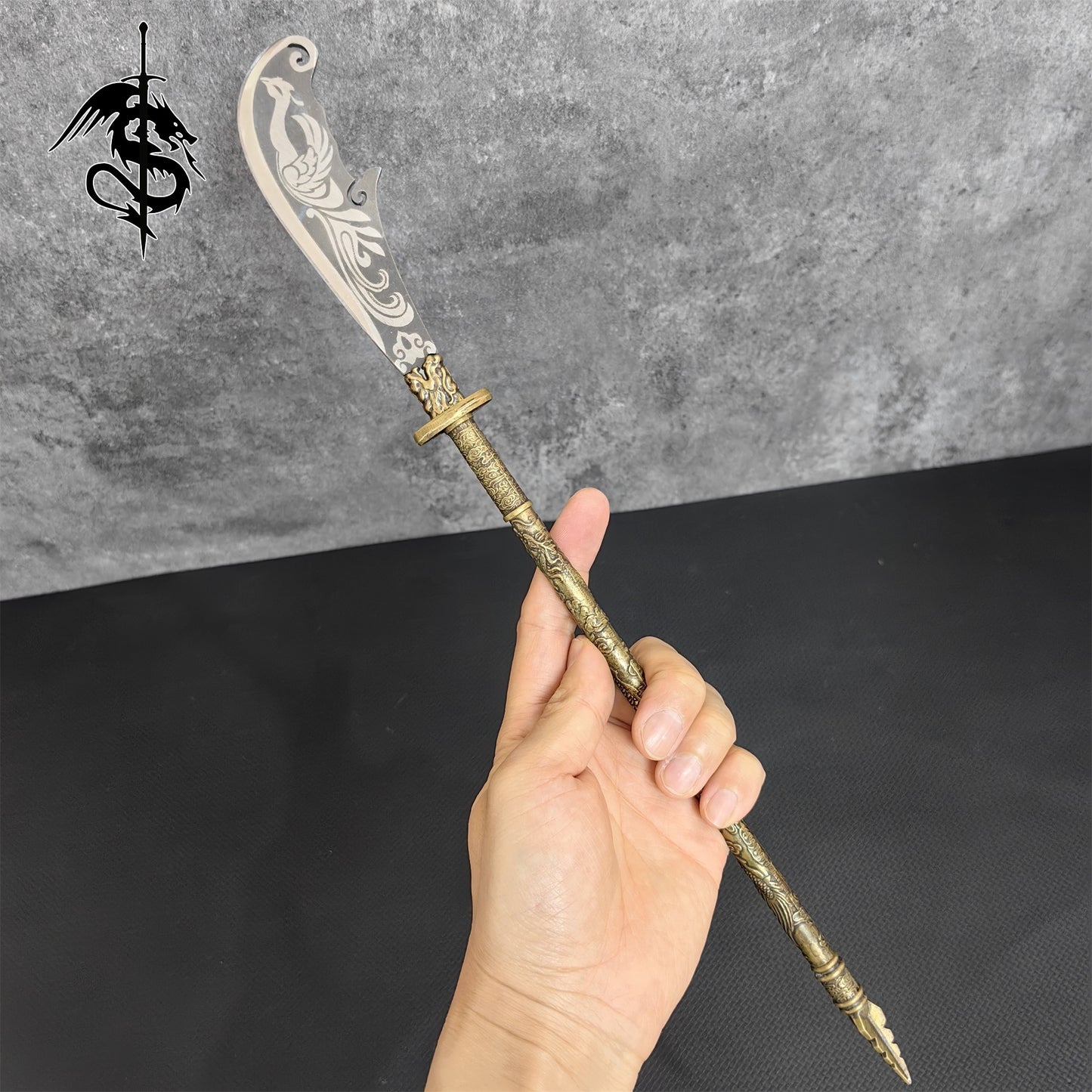 Hand-Forged Miniature Ancient Brass Long Handle Weapons Gift Wooden Case