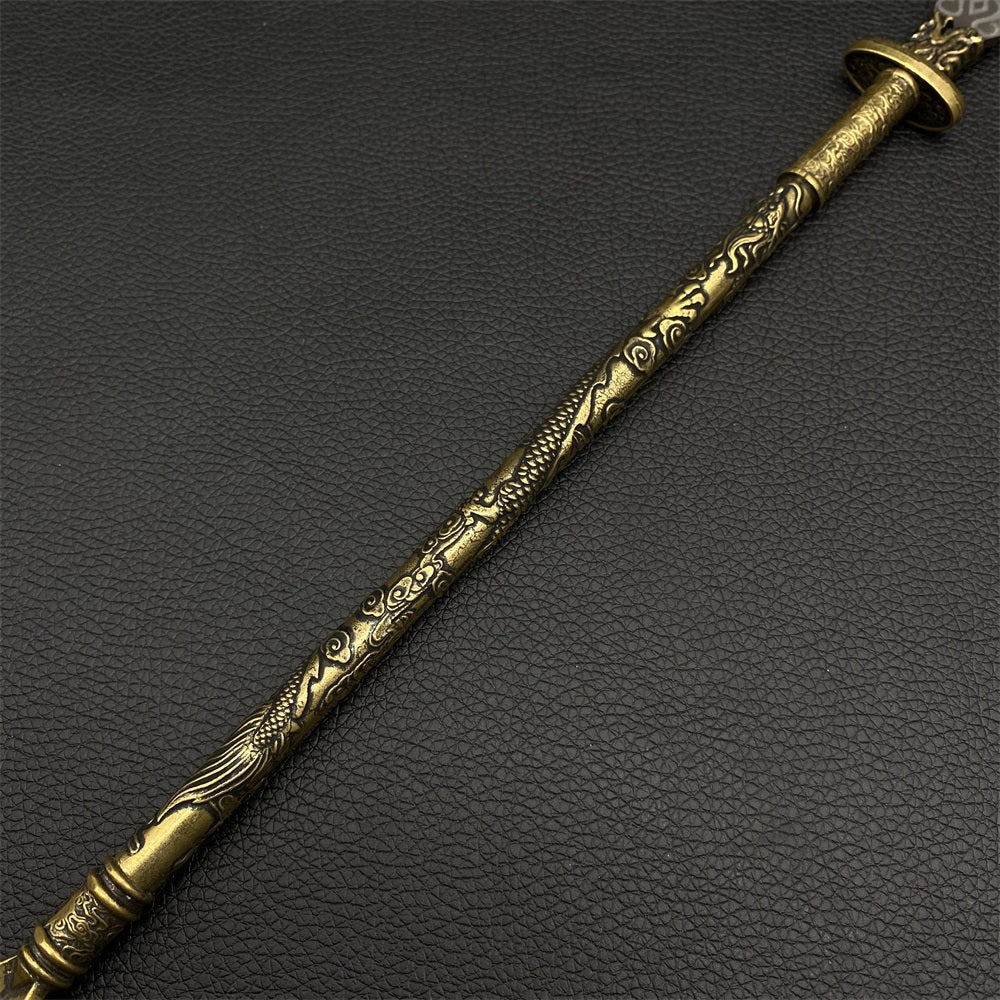 Hand-Forged Brass Dragon Sculpture Handle Spear Miniature Ancient Long Handle Weapon 36CM/14.2"
