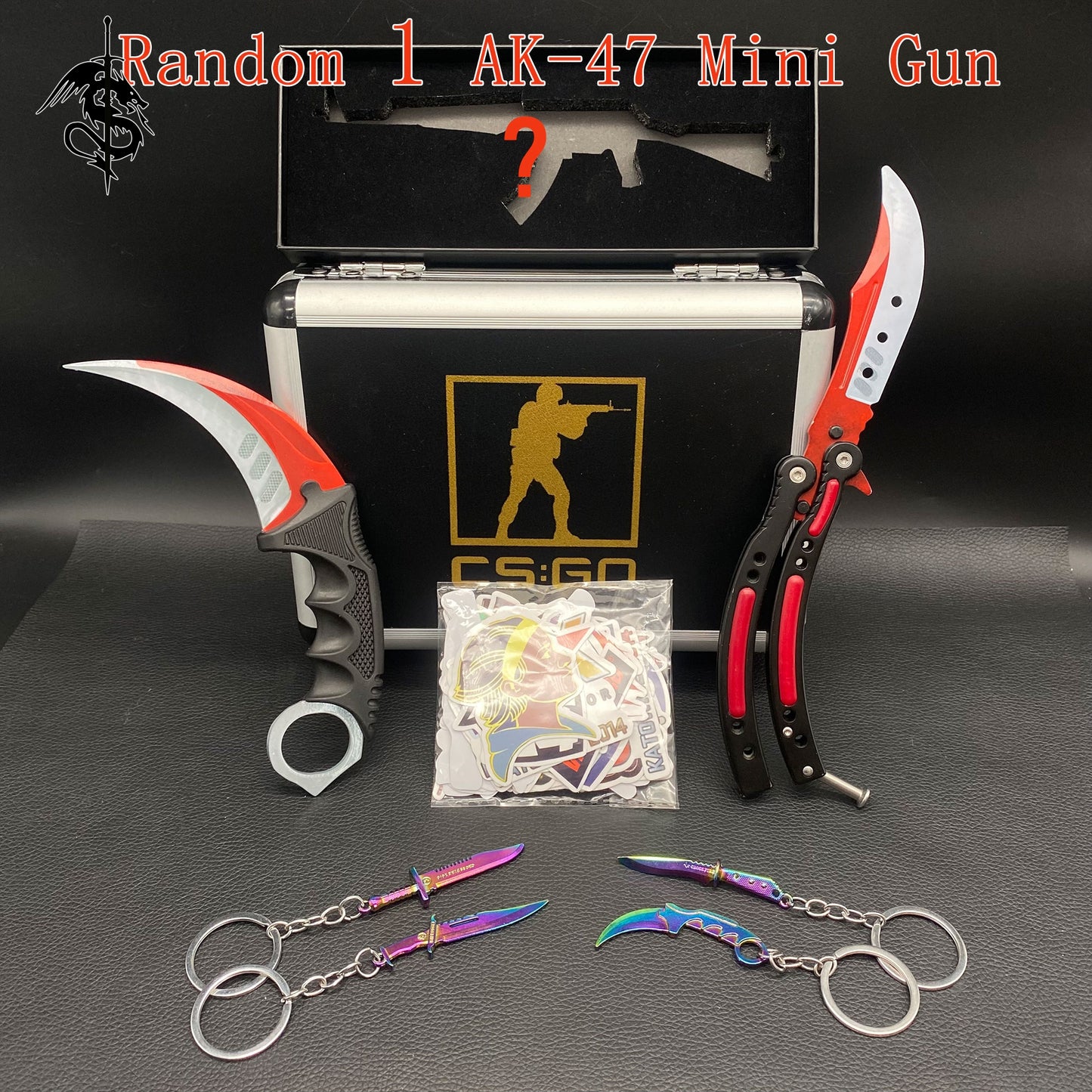 Autotronic Skin Balisong & Stickers & 4 Keychains &Random 1 AK With Gift Case