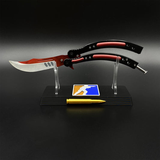 CS2 Butterfly Knife Autotronic Balisong Replica - Unsharpened Game Prop Collectible with Display Stand