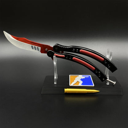 CS2 Butterfly Knife Autotronic Balisong Replica - Unsharpened Game Prop Collectible with Display Stand