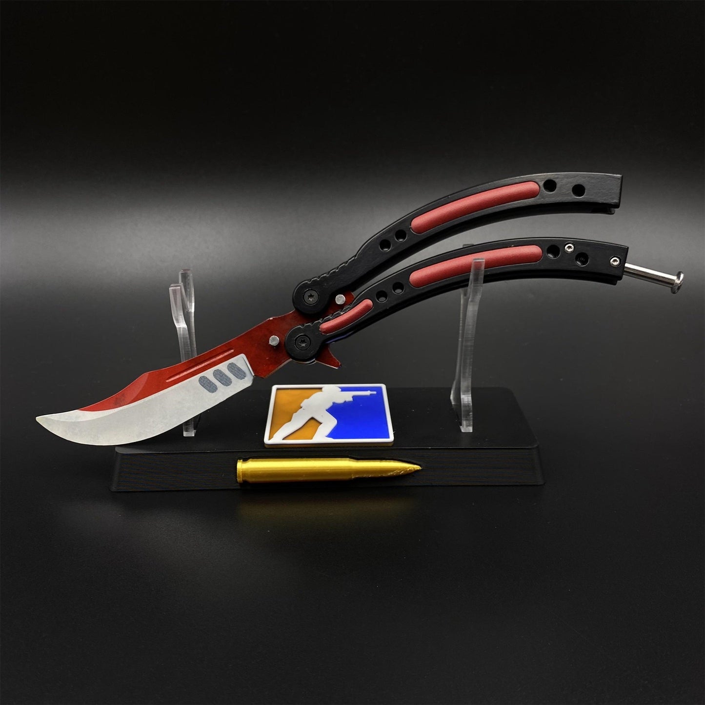 CS2 Butterfly Knife Autotronic Balisong Replica - Unsharpened Game Prop Collectible with Display Stand