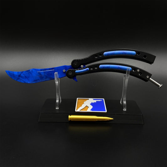 CS2  Butterfly Knife Blue Doppler Balisong Replica - Game Prop Collectible with Display Stand
