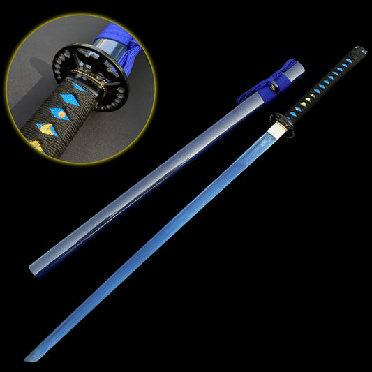 Blue Blade Japanese Katana Samurai Sword, Glitter Blue Scabbard Decorative Replica