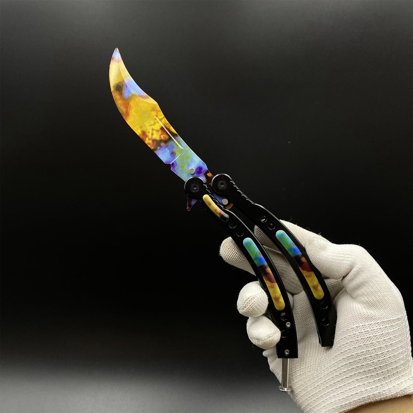 CS2 Butterfly Knife Case Hardened Balisong Replica - Unsharpened Game Prop Collectible with Display Stand