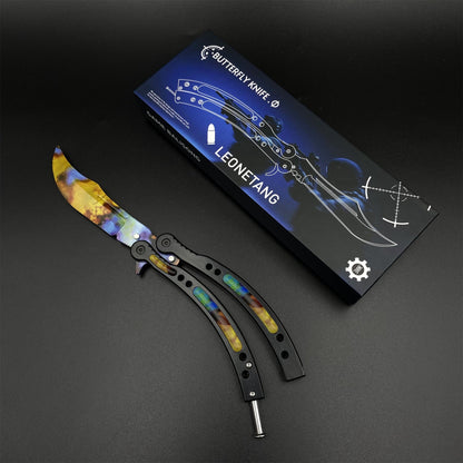 CS2 Butterfly Knife Case Hardened Balisong Replica - Unsharpened Game Prop Collectible with Display Stand