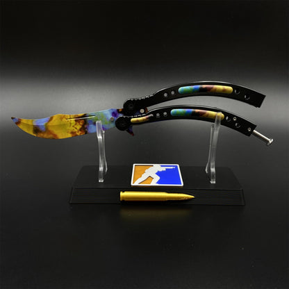 CS2 Butterfly Knife Case Hardened Balisong Replica - Unsharpened Game Prop Collectible with Display Stand