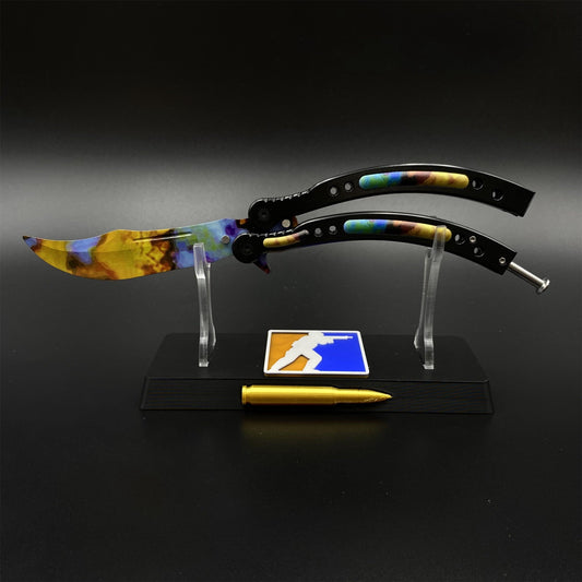 CS2 Butterfly Knife Case Hardened Balisong Replica - Unsharpened Game Prop Collectible with Display Stand