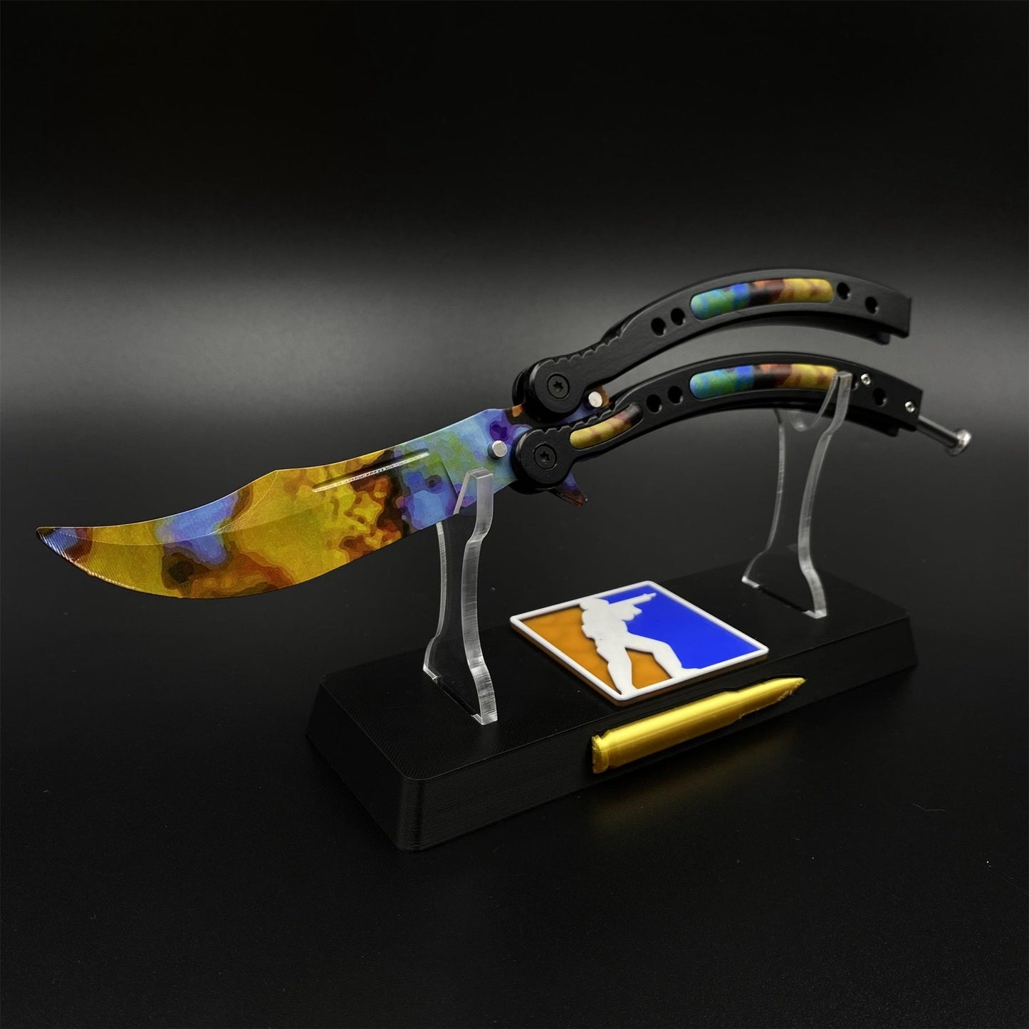 CS2 Butterfly Knife Case Hardened Balisong Replica - Unsharpened Game Prop Collectible with Display Stand