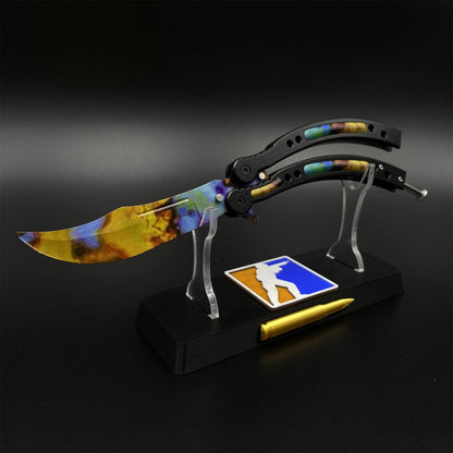 CS2 Butterfly Knife Case Hardened Balisong Replica - Unsharpened Game Prop Collectible with Display Stand