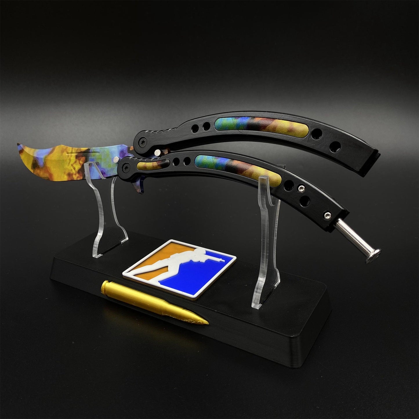 CS2 Butterfly Knife Case Hardened Balisong Replica - Unsharpened Game Prop Collectible with Display Stand
