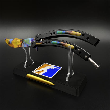 CS2 Butterfly Knife Case Hardened Balisong Replica - Unsharpened Game Prop Collectible with Display Stand
