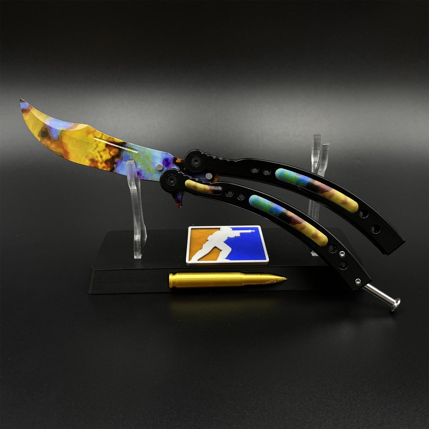 CS2 Butterfly Knife Case Hardened Balisong Replica - Unsharpened Game Prop Collectible with Display Stand