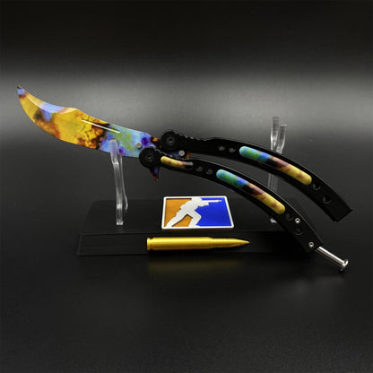 CS2 Butterfly Knife Case Hardened Balisong Replica - Unsharpened Game Prop Collectible with Display Stand