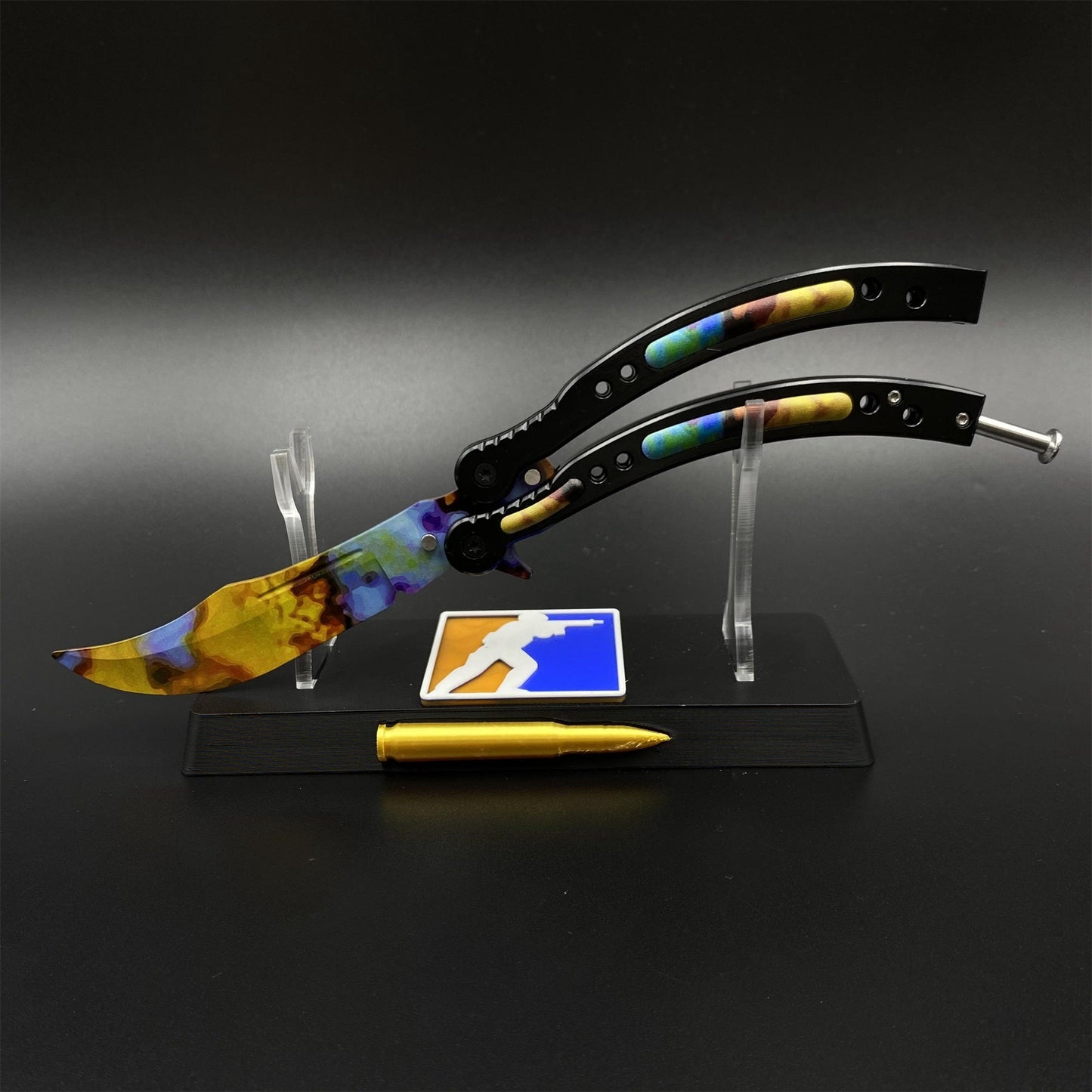 CS2 Butterfly Knife Case Hardened Balisong Replica - Unsharpened Game Prop Collectible with Display Stand