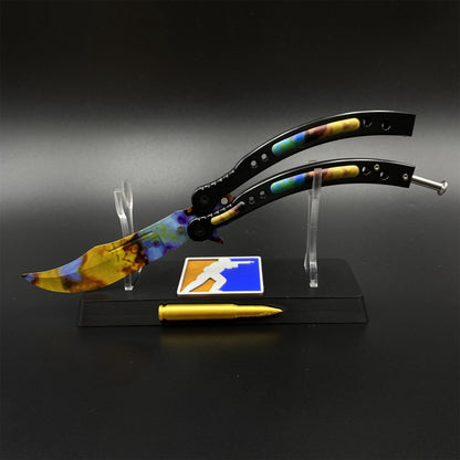 CS2 Butterfly Knife Case Hardened Balisong Replica - Unsharpened Game Prop Collectible with Display Stand