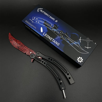 CS2 Butterfly Knife Crimson Web Balisong Replica, Unsharpened Game Prop Collectible Collectible Model with Display Stand