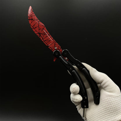CS2 Butterfly Knife Crimson Web Balisong Replica, Unsharpened Game Prop Collectible Collectible Model with Display Stand