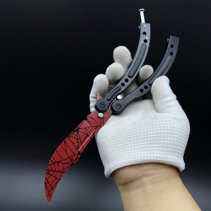 CS2 Butterfly Knife Crimson Web Balisong Replica, Unsharpened Game Prop Collectible Collectible Model with Display Stand