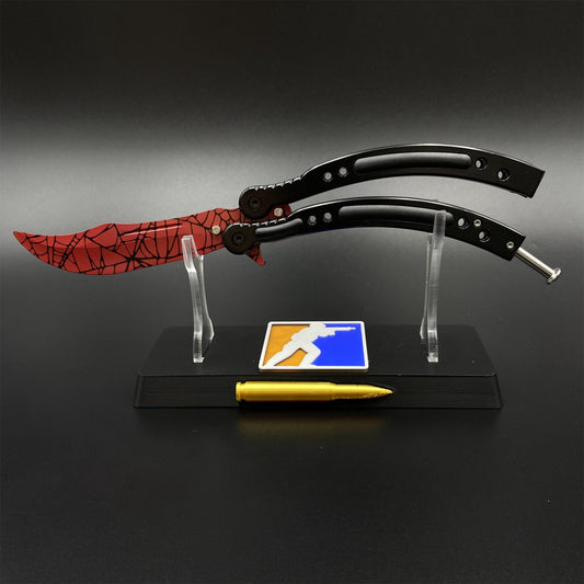 CS2 Butterfly Knife Crimson Web Balisong Replica, Unsharpened Game Prop Collectible Collectible Model with Display Stand