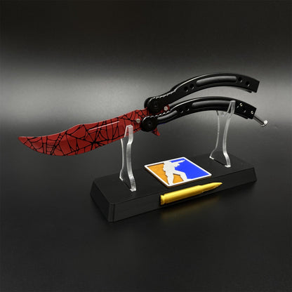 CS2 Butterfly Knife Crimson Web Balisong Replica, Unsharpened Game Prop Collectible Collectible Model with Display Stand