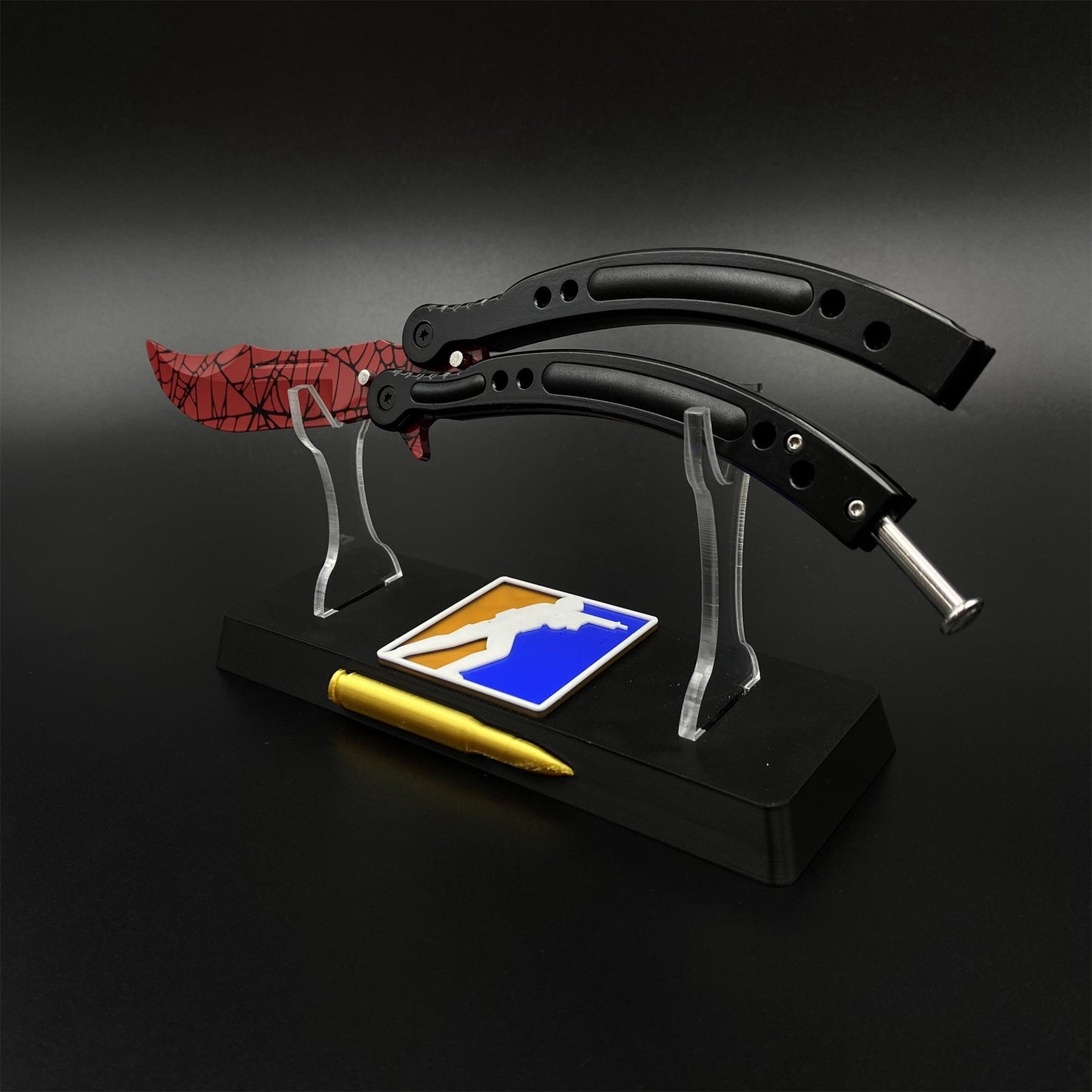 CS2 Butterfly Knife Crimson Web Balisong Replica, Unsharpened Game Prop Collectible Collectible Model with Display Stand