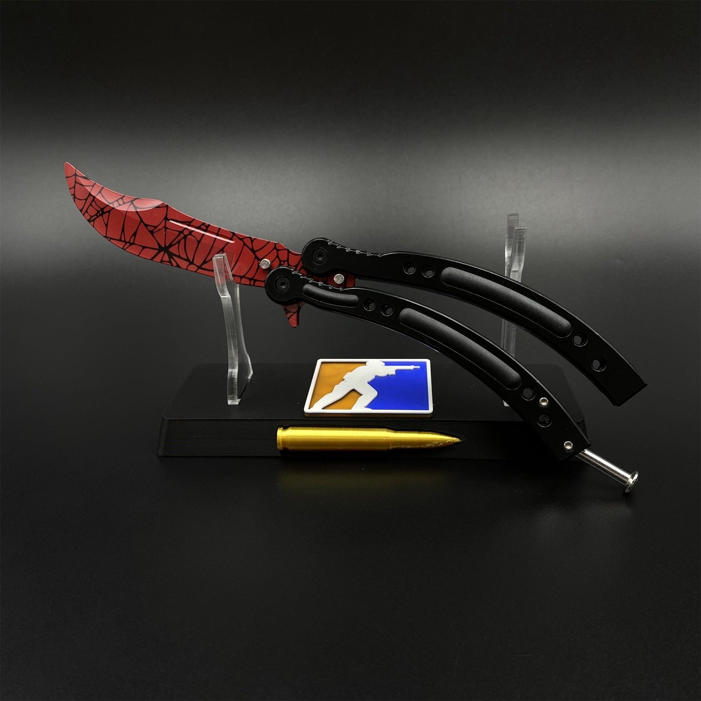 CS2 Butterfly Knife Crimson Web Balisong Replica, Unsharpened Game Prop Collectible Collectible Model with Display Stand