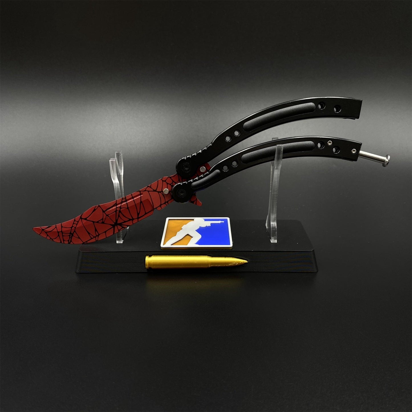 CS2 Butterfly Knife Crimson Web Balisong Replica, Unsharpened Game Prop Collectible Collectible Model with Display Stand