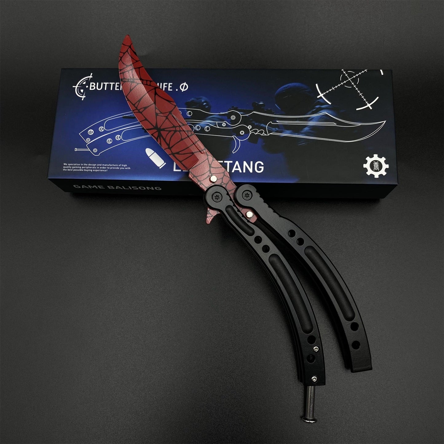 CS2 Butterfly Knife Crimson Web Balisong Replica, Unsharpened Game Prop Collectible Collectible Model with Display Stand