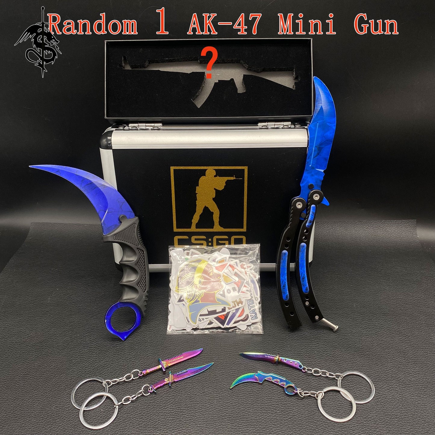 Doppler Blue Skin Balisong & Stickers & 4 Keychains &Random 1 AK With Gift Case