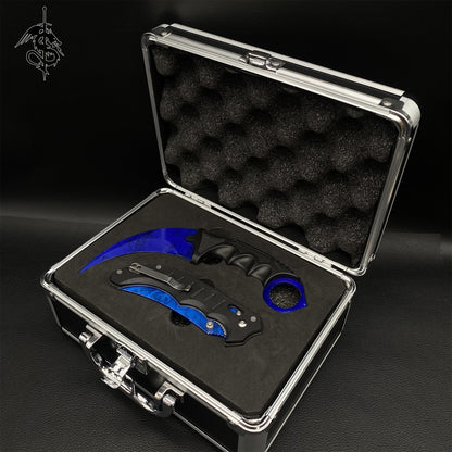 Doppler Blue Skin Flip Knife & Stickers & 4 Keychains &Random 1 AK With Gift Case